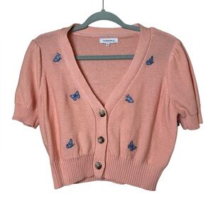 Hooked Up by IOT Peach Cardigan with Blue Butterfly Accents